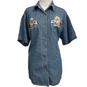 VTG Bobbie Brooks Embroidered Teddy Bear Denim Shirt Cottage Grannycore Size L